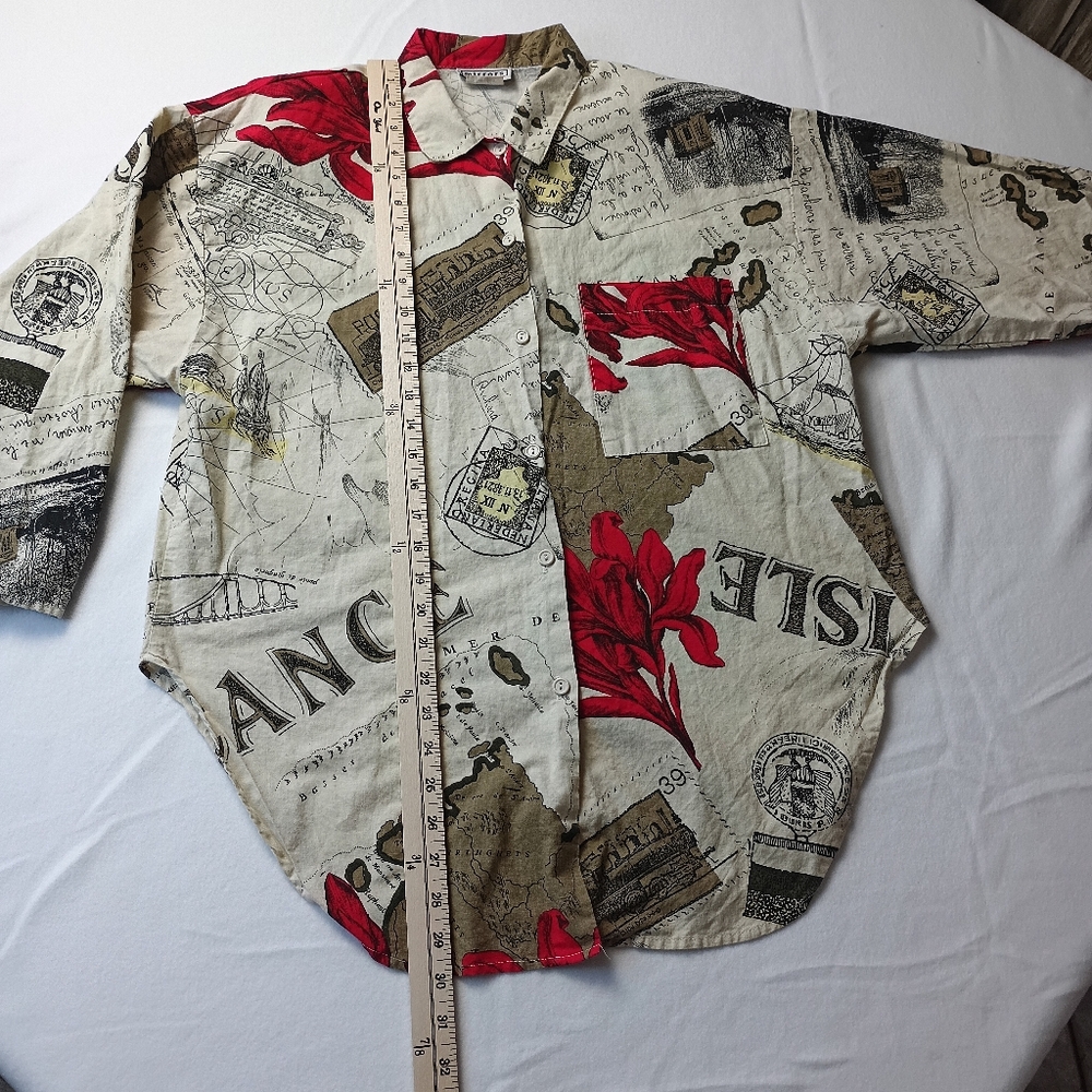 VTG 80s 90s Mirror Travel France Print made in USA Large 3 quarter button down - Picture 10 of 16